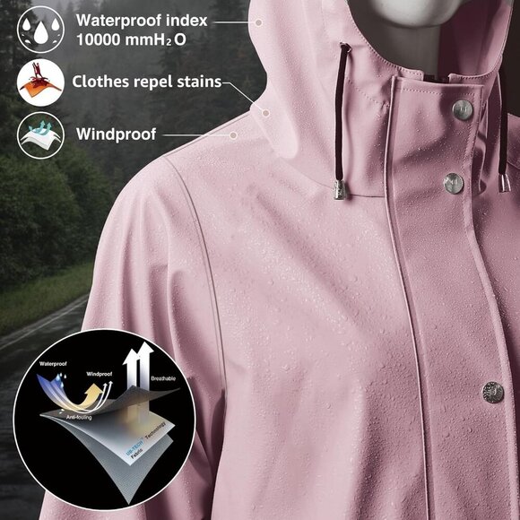 Women’s Upgrade Pink Waterproof Rain Jackets Hooded Long Raincoat & Windbreaker - Picture 3 of 5